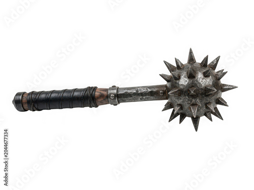 Medieval spiked mace weapon with a metal chain isolated on transparent background