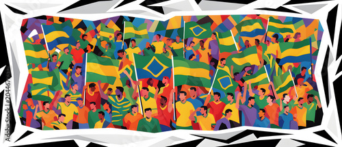 Brazilian soccer fans celebrating a victory, cheering with national flags in a vibrant stadium crowd, supporting their team, showing passion and patriotism