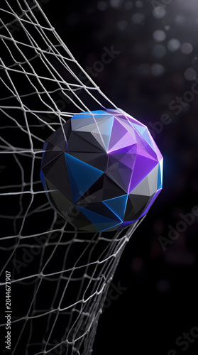 Geometric polygon ball hitting a soccer goal network with vibrant neon purple and blue glowing facets, symbolizing victory, success, and digital competition