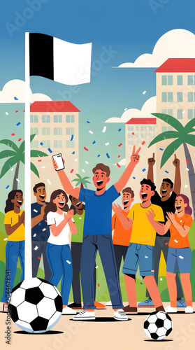 Diverse group of enthusiastic football fans celebrating a team victory outdoors, cheering, clapping, taking selfies, and waving a flag with confetti falling