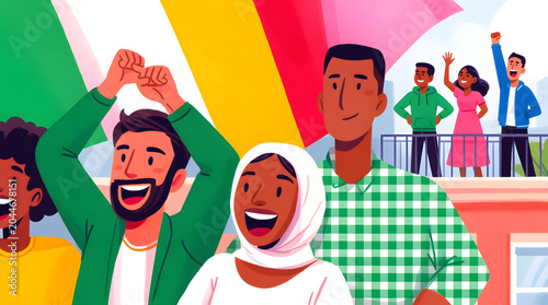 Diverse people cheering and celebrating together, showing unity, community, and happiness at an event with flags, promoting inclusion and collective joy