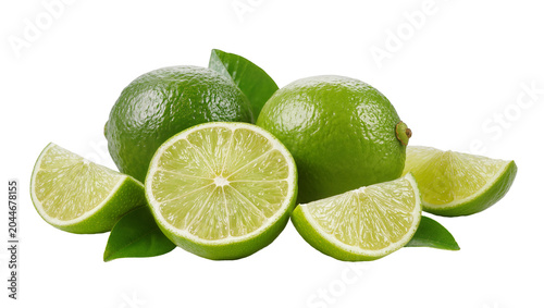 Foto Whole and sliced green limes with leaves