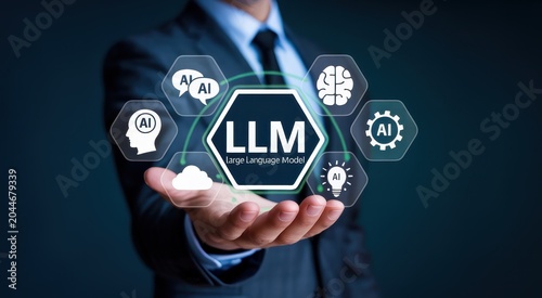 Businessman holding LLM large language model icon representing advanced artificial intelligence concept.