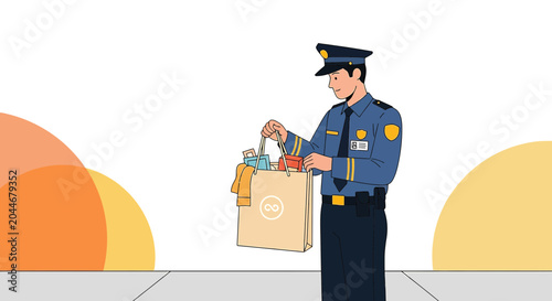 Police Officer Inspecting Shopping Bag Illustration