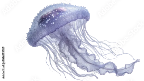 Fototapeta na wymiar Translucent purple jellyfish with delicate tentacles and water droplets