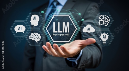 Professional businessman presenting digital large language model interface in corporate environment.