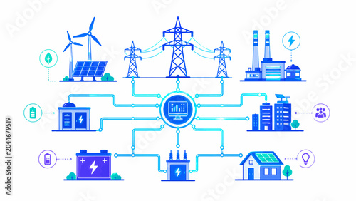 Renewable Energy, Sustainable Power, Electricity Grid, Infrastructure Icons isolated on White Background Editable EPS