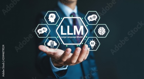 Businessman interacting with large language model interface in high tech professional setting.