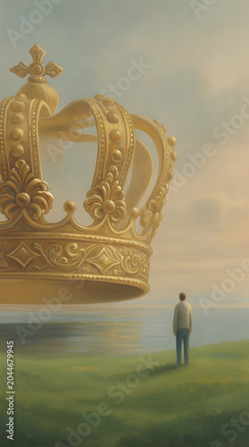 Man standing on green hill contemplating giant golden crown floating above water, conceptualizing power, leadership, ambition, and the burden of royalty or responsibility