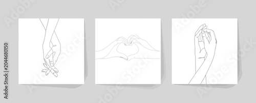 Hands entwined and heart shape, line art, love and connection