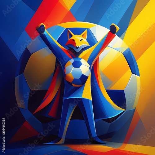 Fox mascot celebrating victory. Holding a football and raising arms in triumph. With a large soccer ball and abstract geometric shapes in vibrant blue. Yellow