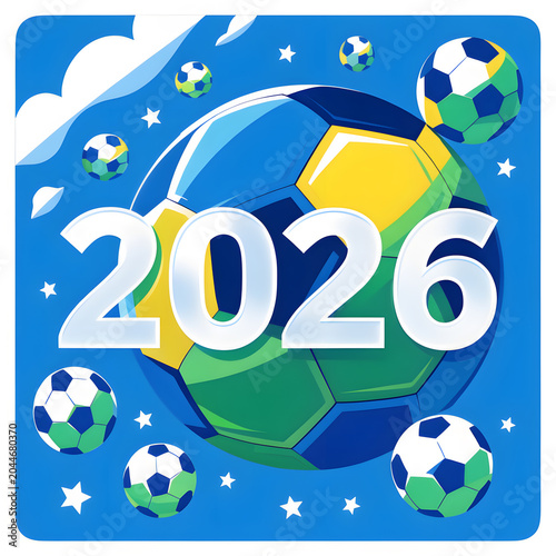 Football tournament 2026 celebration concept showing a large blue, yellow, and green soccer ball with prominent white 2026 numbers on blue background with stars and smaller footballs