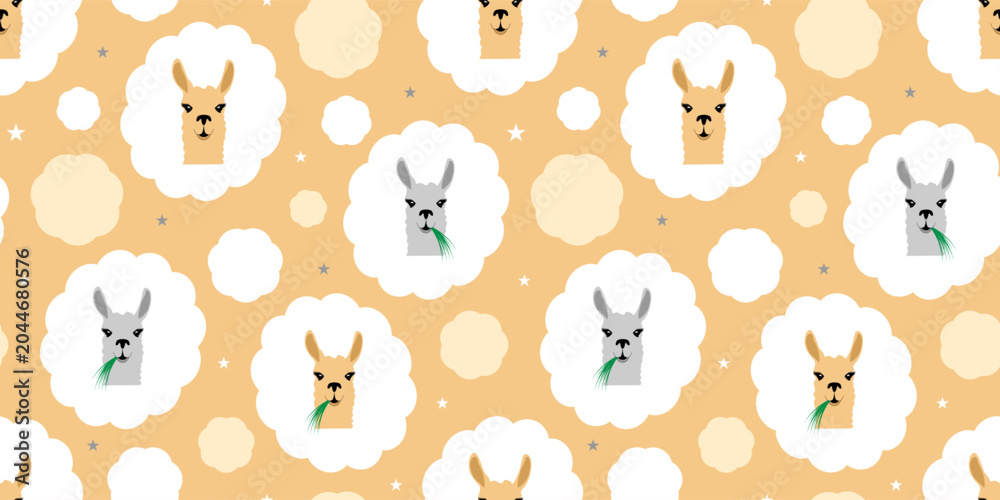 Obraz premium Seamless pattern with cute llamas on yellow background. Childish vector illustration