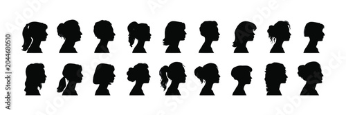 Diverse female profiles silhouettes collection, various hairstyles