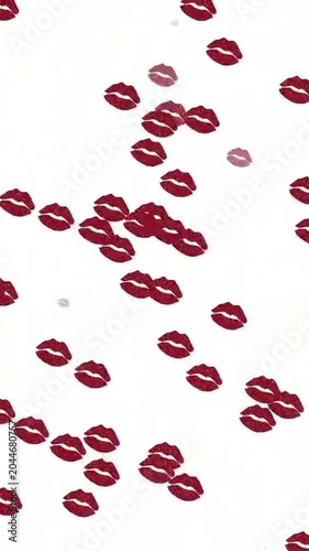 Vertical Animation of Raining Red Lipstick Kiss Marks on White Background