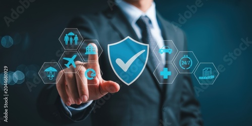 Businessman interacting with digital insurance interface featuring multiple service icons representing comprehensive protection options.