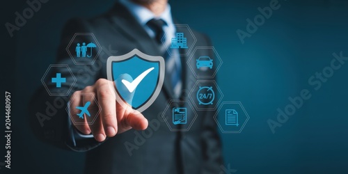 Professional insurance agent using virtual interface to select various coverage options including health car and property protection services.