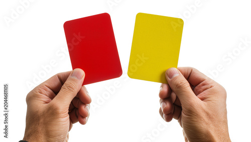 Tableau sur toile Hands holding red and yellow soccer cards