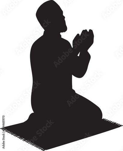 Black silhouette of a muslim man kneeling on a prayer rug with hands raised in supplication, isolated on a white background, for religious concepts