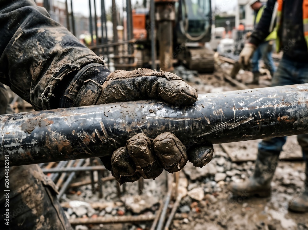 Obraz premium Closeup of construction workers hand holding a metal pipe outdoors