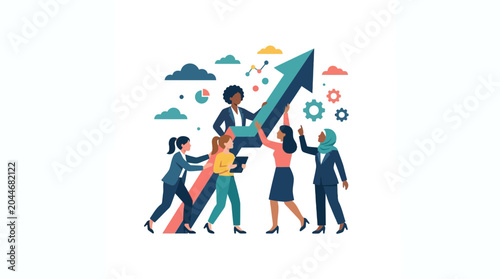 Diverse Businesswomen Working Together to Push Upward Growth Arrow