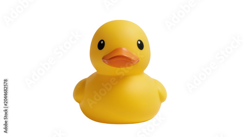 Foto Yellow rubber duck toy with orange beak and black eyes