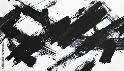 Dynamic black ink strokes, textured brush painting on white surface, contemporary abstract backdrop.