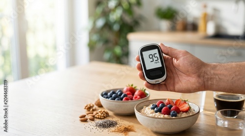 Person checking blood glucose level with a glucometer beside a healthy breakfast, symbolizing diabetes management, nutrition and balanced lifestyle