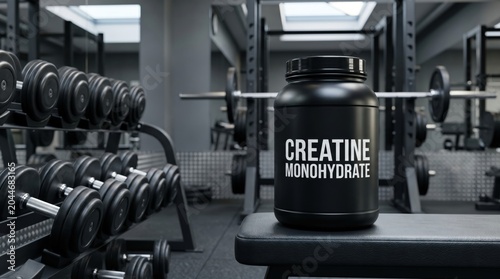 Creatine monohydrate supplement container in a modern gym with dumbbells and weightlifting equipment. Sports nutrition, muscle growth, strength training and fitness performance concept