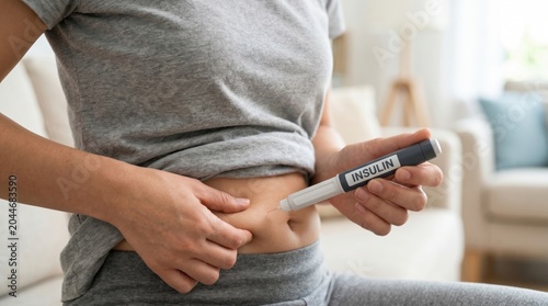 Woman administering an insulin injection in the abdomen at home, symbolizing diabetes treatment, blood glucose control, self care and chronic disease management
