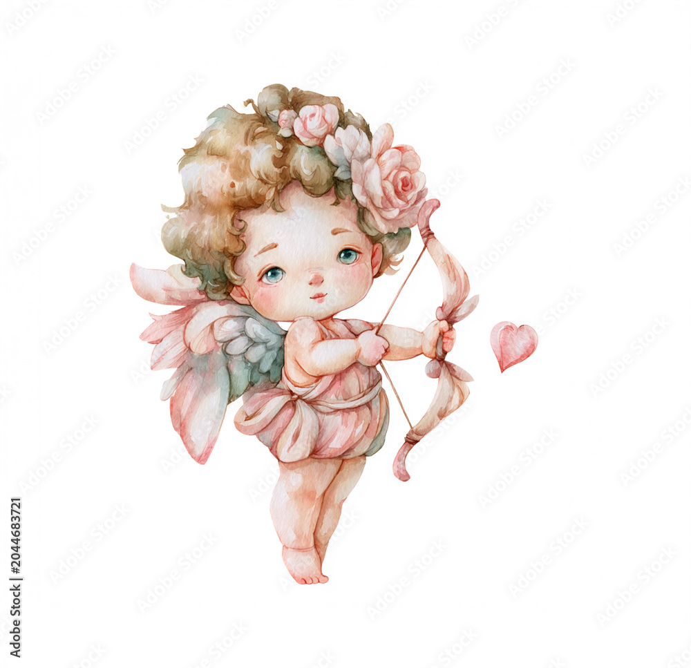 Fototapeta premium Watercolor cupid angel with bow and arrow cute valentine illustration romantic baby cherub art