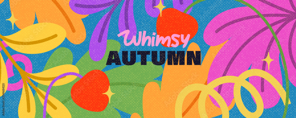 Obraz premium Whimsical horizontal autumn background. Hand drawn colorful leaves, berries, sparks on the bright blue backdrop. Noisy grainy texture. 