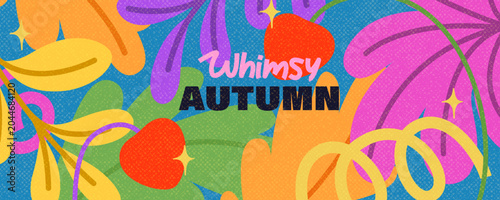 Whimsical horizontal autumn background. Hand drawn colorful leaves, berries, sparks on the  bright blue backdrop. Noisy grainy texture. 