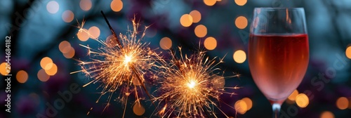 Sparklers with wine glass and bokeh lights for romantic celebration banner and party wallpaper