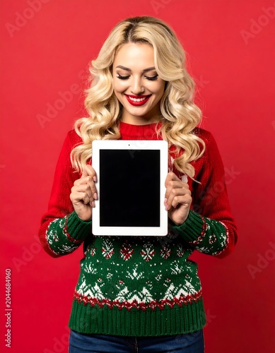 Smiling Blonde Woman Holding Digital Tablet in Festive Sweater Against Red Background