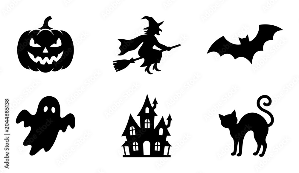 Fototapeta premium Halloween Icons Set: Spooky Pumpkin, Witch, Bat, Ghost, Haunted House, Black Cat Silhouettes for Festive Design
