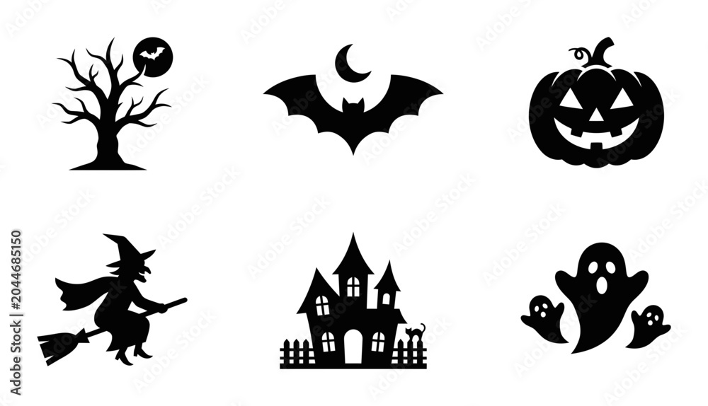 Fototapeta premium Halloween Icons Set: Spooky Tree, Bat, Pumpkin, Witch, Haunted House, Ghosts. Vector Graphics for Festive Design.