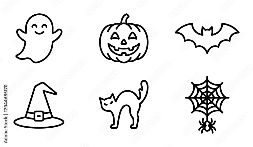 Fototapeta premium Halloween Icons Set: Ghost, Pumpkin, Bat, Witch Hat, Cat, Spiderweb, Vector Graphics for Spooky Celebrations