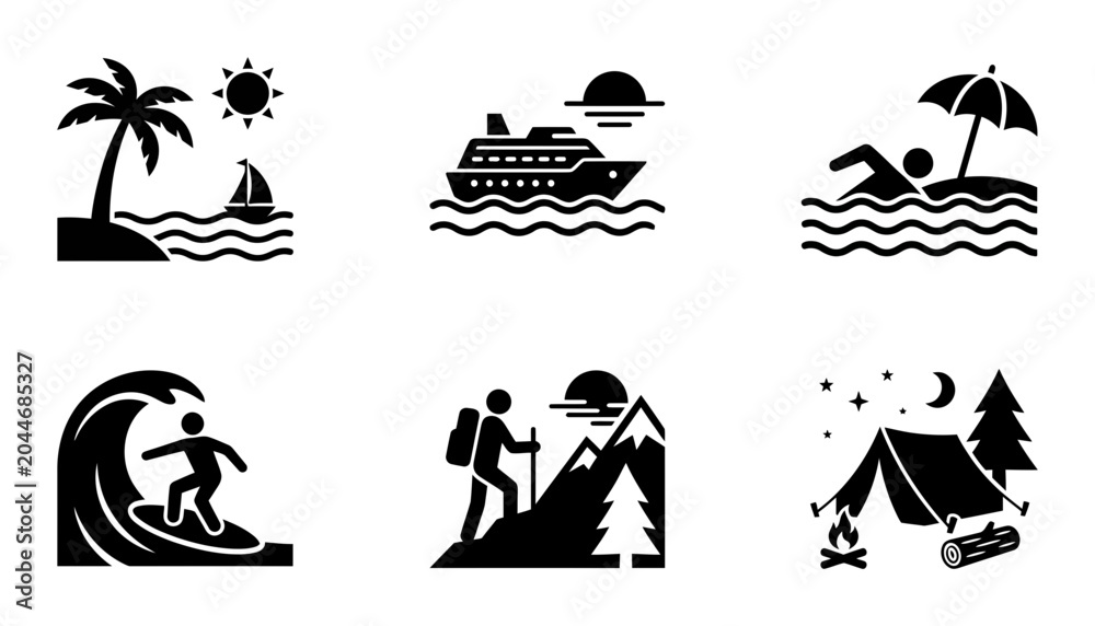 Obraz premium Summer Vacation Icons: Beach, Cruise, Swim, Surf, Hike, Camp, Travel Graphics