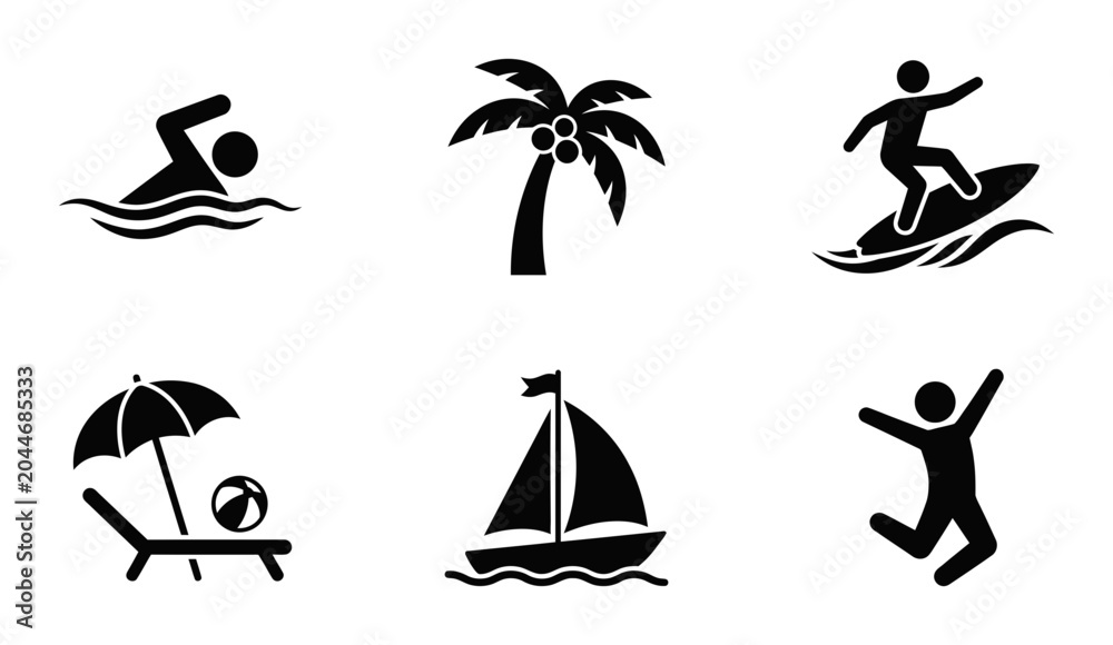 Fototapeta premium Summer Vacation Icons: Swimming, Surfing, Palm Tree, Beach Chair, Sailboat, Joyful Person