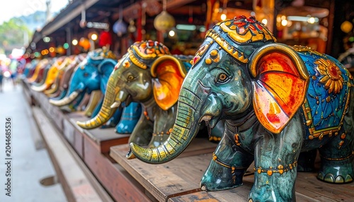 Colorful ceramic elephants lined on shelves at an outdoor market, in vibrant hues and intricate decorations