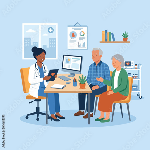 Foto A doctor consults with an elderly couple in a medical office setting