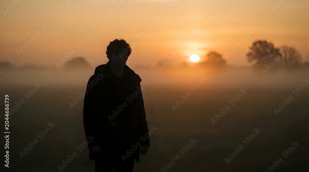 Fototapeta premium Young man standing alone in misty field at golden sunset, dramatic silhouette against glowing orange sky with fog and bare trees.