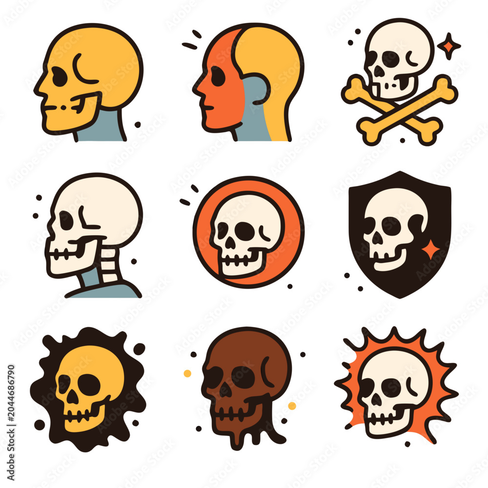 Fototapeta premium Skull vector icons in a grid layout for versatile design projects. Great for halloweenthemed designs, tattoos, prints, and merchandise.