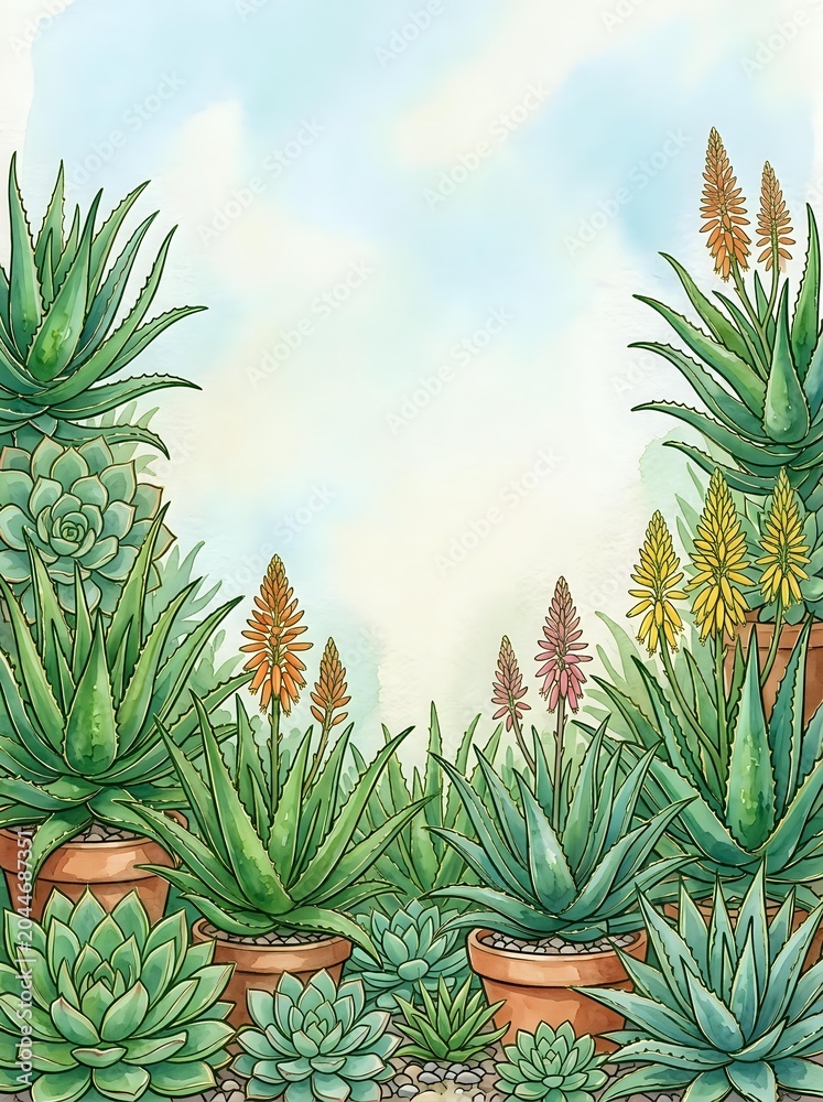 Obraz premium Watercolor succulent garden frame with aloe plants and flowering spikes in terracotta pots creating decorative border on textured paper background.