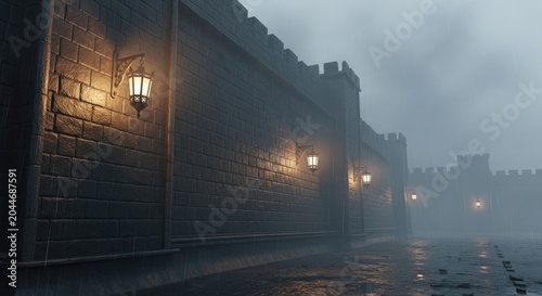 Mysterious Medieval Fortress Wall Illuminated by Lanterns in the Foggy Evening.