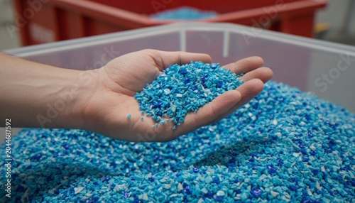 Photos A close-up view of a hand holding a handful of small blue plastic regrind pellets over a container full of processed recycled plastic material