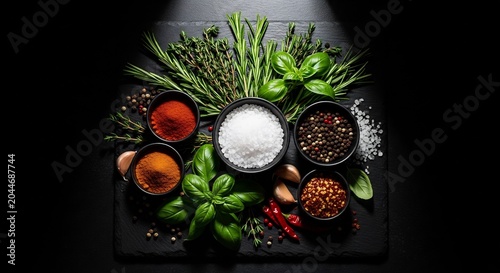 Variety of herbs and spices displayed.