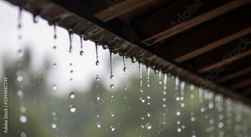 Raindrops Falling from a Wooden Eaves in a Weathered Environment.