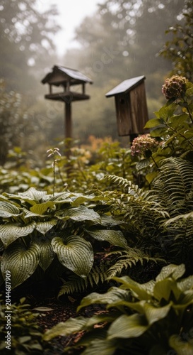 Rustic Birdhouses in a Lush Garden with Dense Greenery and Foggy Atmosphere.